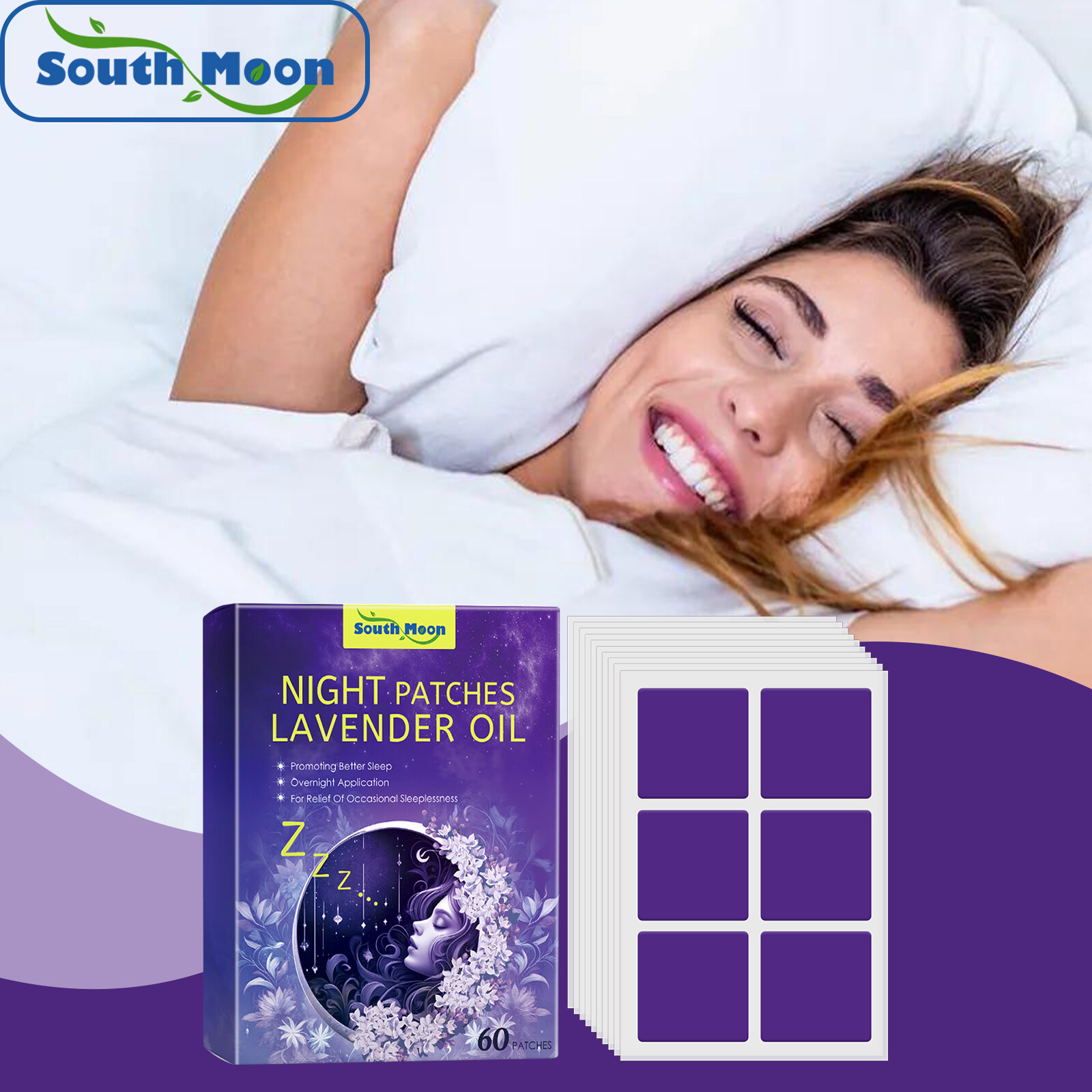 South Moon Night Patches Lavender Oil Sleep Patch Anxiety Essential Oil Relieve Headache Stress Plaster Improve Insomnia Sleep Quality Body Relax Sticker Home Fragrance Essential Oil Patch (60pcs)