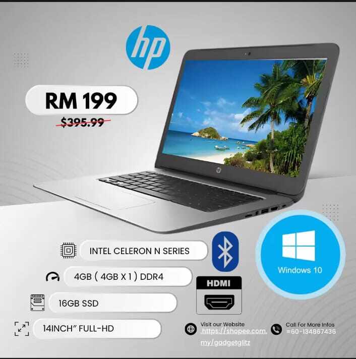 (Refurbished) HP 14  chrome book /14" inch Display /Intel Celeron/4GBRAM16/32GBSSD|| window & office 2020 Activated