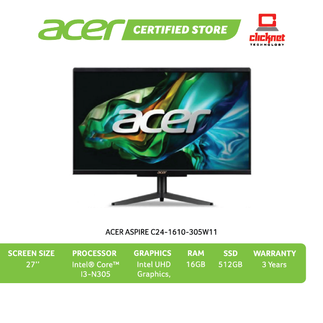 ACER ASPIRE C24-1610-305W11 ALL-IN-ONE DESKTOP PC (I3-N305 ,16GB DDR5 RAM, 512GB SSD ,Intel UHD Graphics, 23.8" FHD, OS NONE )