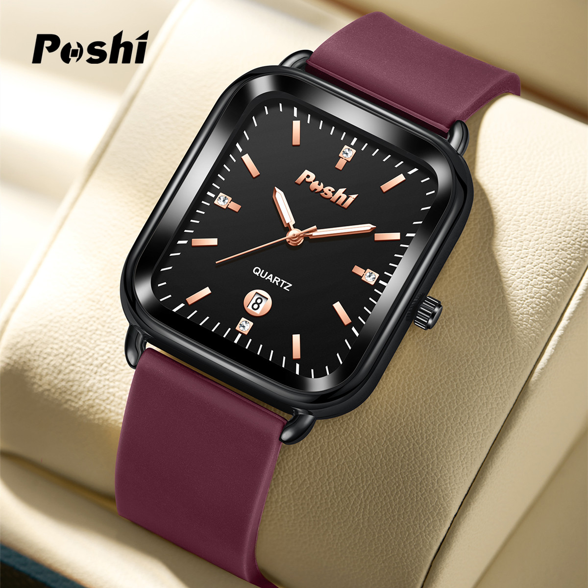 POSHI Fashion Square Rubber Ladies Watch Original Quartz Waterproof Watch for Women Sale Now Korean Style Fashion Casual Womens Watches on Sale