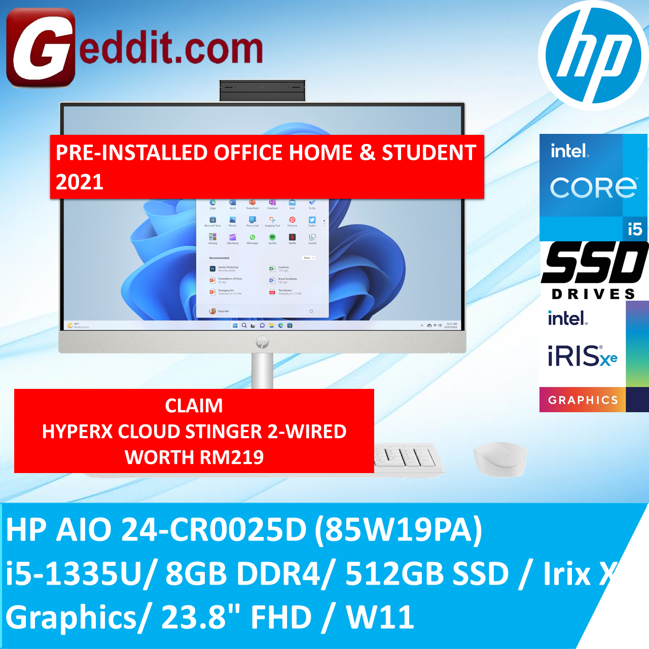 HP 24-CR0025D / 24-CR0138D AIO PC (i5-1335U,8GB,512GB SSD,23.8"FHD,UHD GRAPHICS,WIN11)FREE WIRELESS KBM + PRE-INSTALLED OFFICE H&S