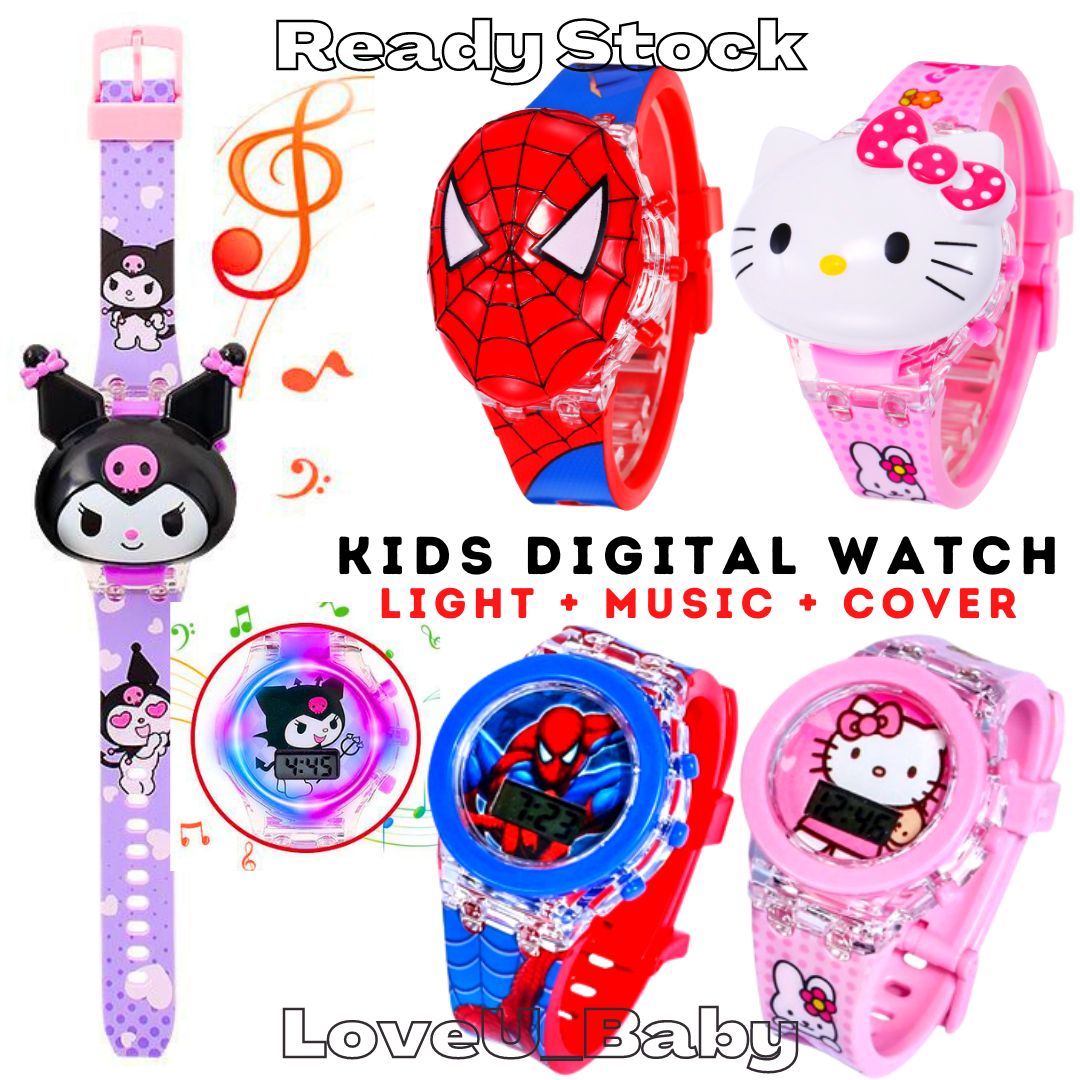 Kids Watch (Spiderman Hello Kitty Elsa Minnie Avengers Kuromi Melody Goku) Boy Girl Light Music Cover Digital Watch Jam Tangan Kanak Budak