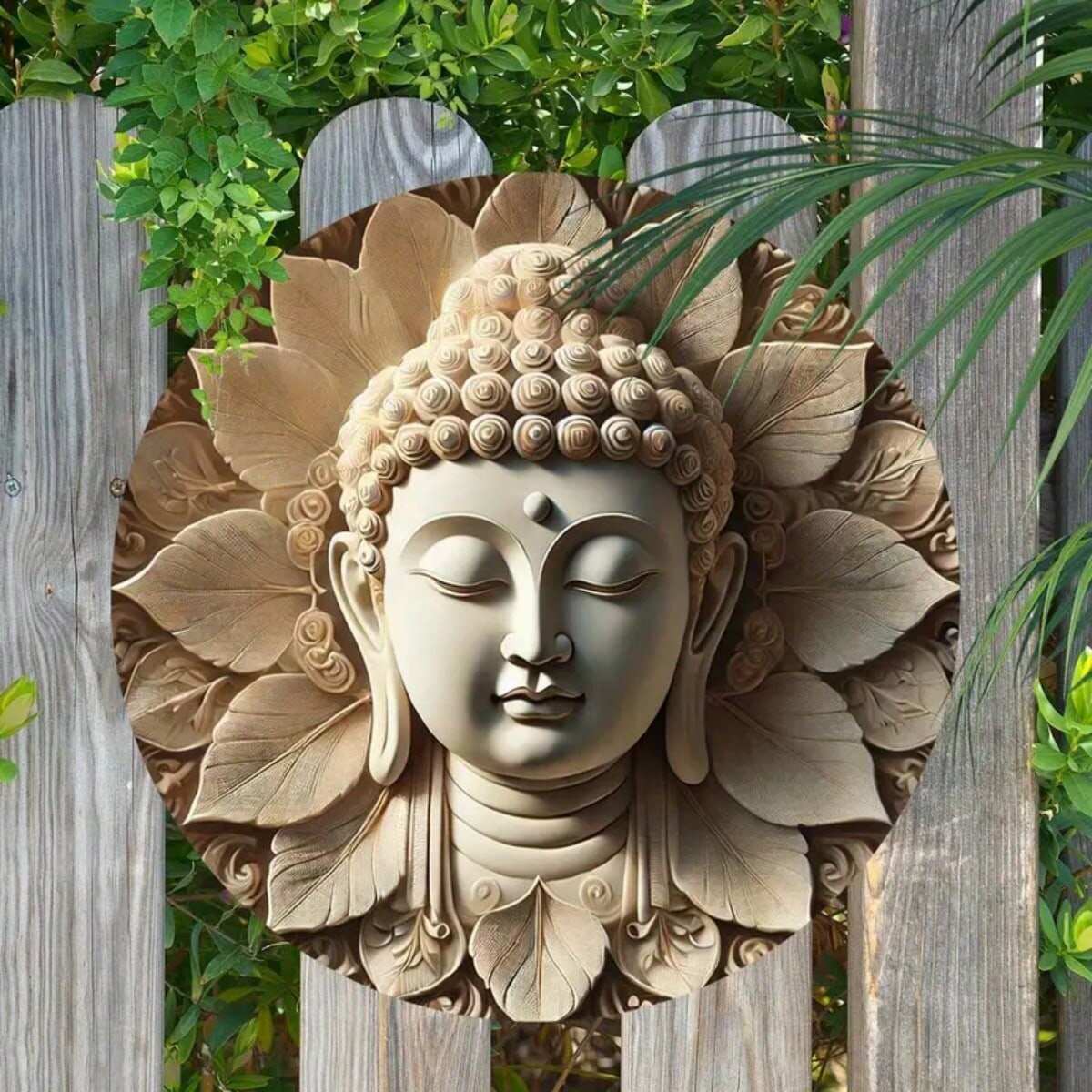 1Pc, 7.8inch X 7.8inch Round Buddha Head Wooden Printed Plaque (Can Be Hung with Rope)-Home, Bar, Garage, Cafe, Garden Interior/Outdoor Decoration |   Perfect Buddhist Housewarming Gifts, Room Decorat