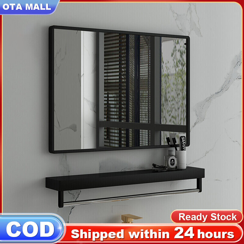 OTA[Ready Stock]Bathroom Mirror Cermin Bilik Mandi Punch-free Square decorative mirror Dressing Mirror and shelf/mirror only Toilet Mirror Mandi Square Rack Shelf Tray Wall Mount(Black & White) 