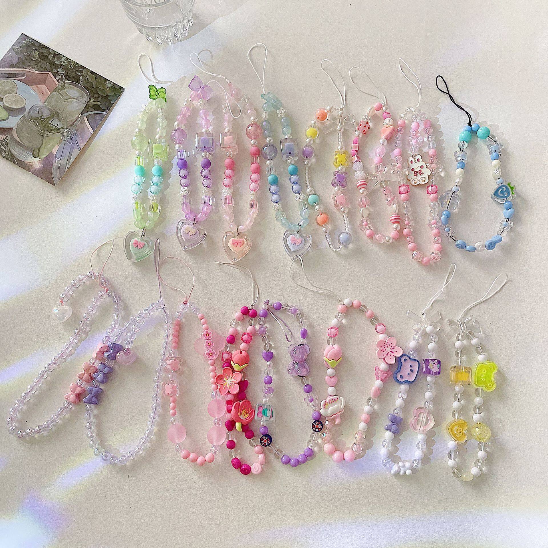 Upaitou Case For Mobile Phone Case Chain Cute Multiple Styles Candy Color Anti-Lost Soft Pottery Lanyard Pearl Acrylic Bead Colorful Portable Wrist Strap Rope Pendant