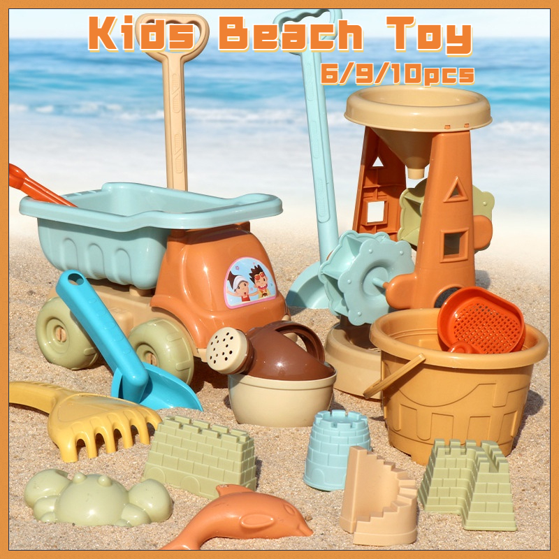 6/9/10pcs Wheat Straw Children Modern Beach Toy Set  Wheel Loader Kid Toys Mainan Pantai kanak Baby Sand Toy Pasir