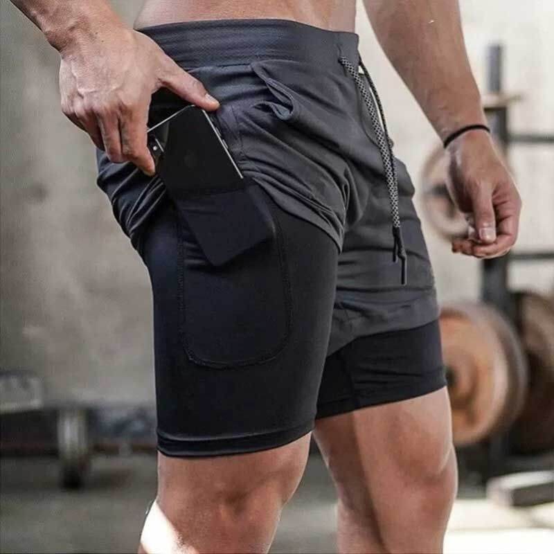 Men's Running Shorts Breathable Quick Dry Thin Double Layer Training Sports Shorts Pocket for Mobile Phone Three Quarter Length
