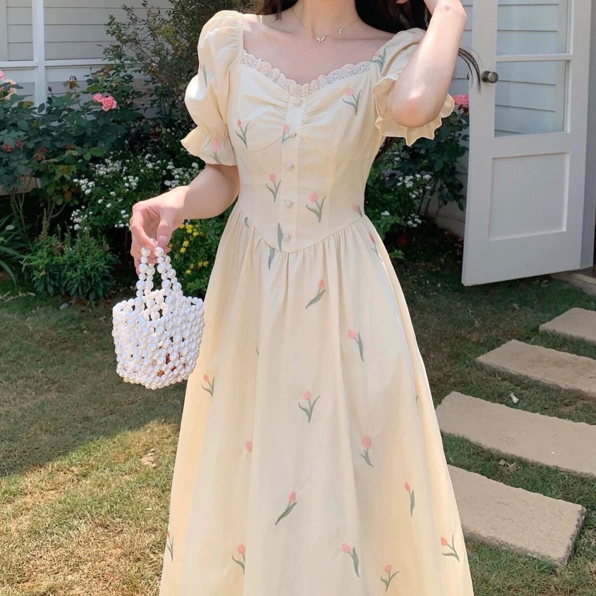 Sweet Floral Print Slim Fit Summer Dress with Bubble Sleeves for plus Size Women Casual Versatile Polyester Fiber Dress