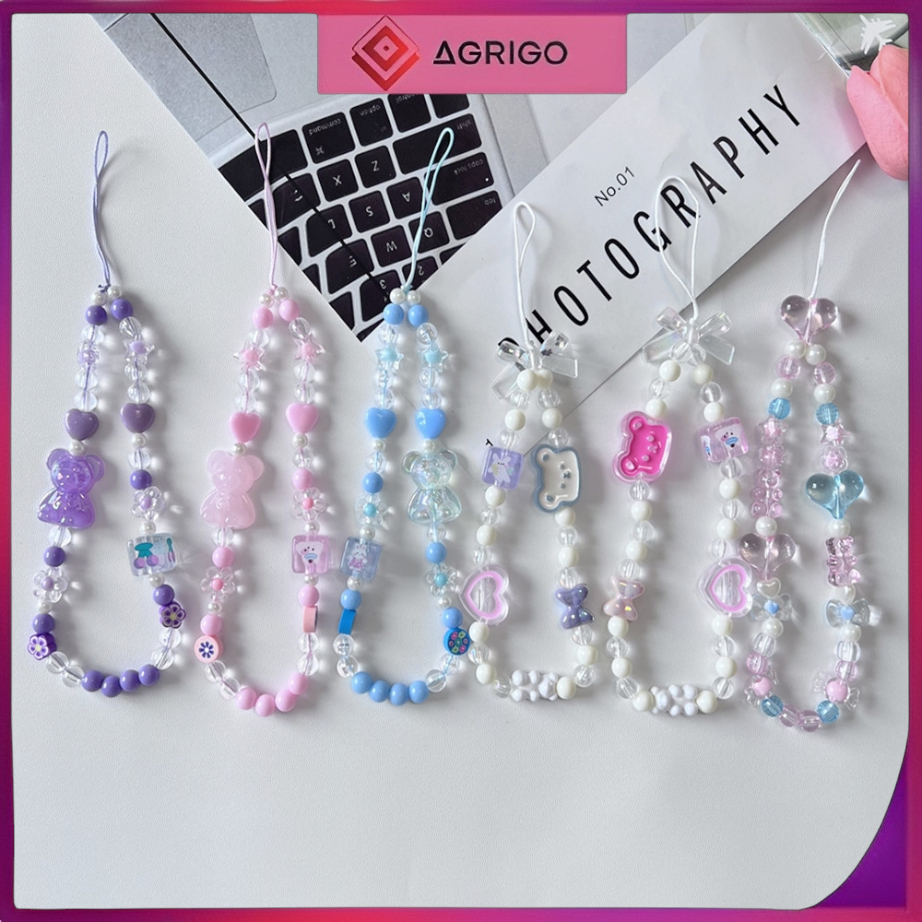 Creative Fashion Mobile Phone Chains Flower Heart Love Bead Chain Phone Strap Keychain Bag Pendant