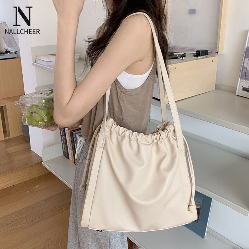 NALLCHEER Women's shoulder bag fashion casual bucket bag pu leather drawstring tote bag large capacity