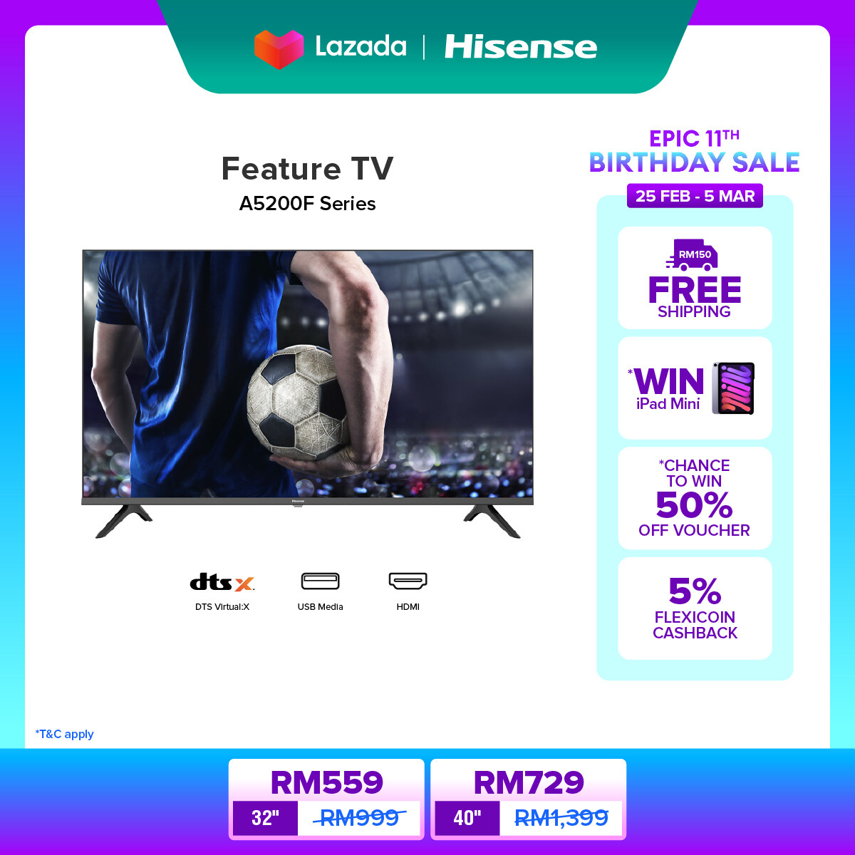 Hisense 40" FHD Feature Bezel-less TV 40A5200F